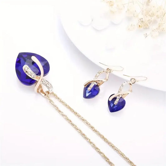 Gouden Saffieren Hart Ketting en Oorbellen Set